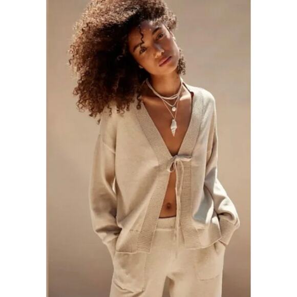 NEW Free People Solar Sweater Set Size Large Tan Sand Dollar Wide Leg Cardigan - Picture 3 of 14